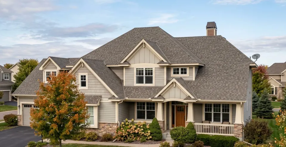 New asphalt shingle roof on a two-story home